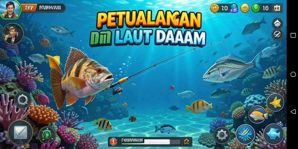 Screenshot utama menunjukkan aksi memancing seru di lautan.