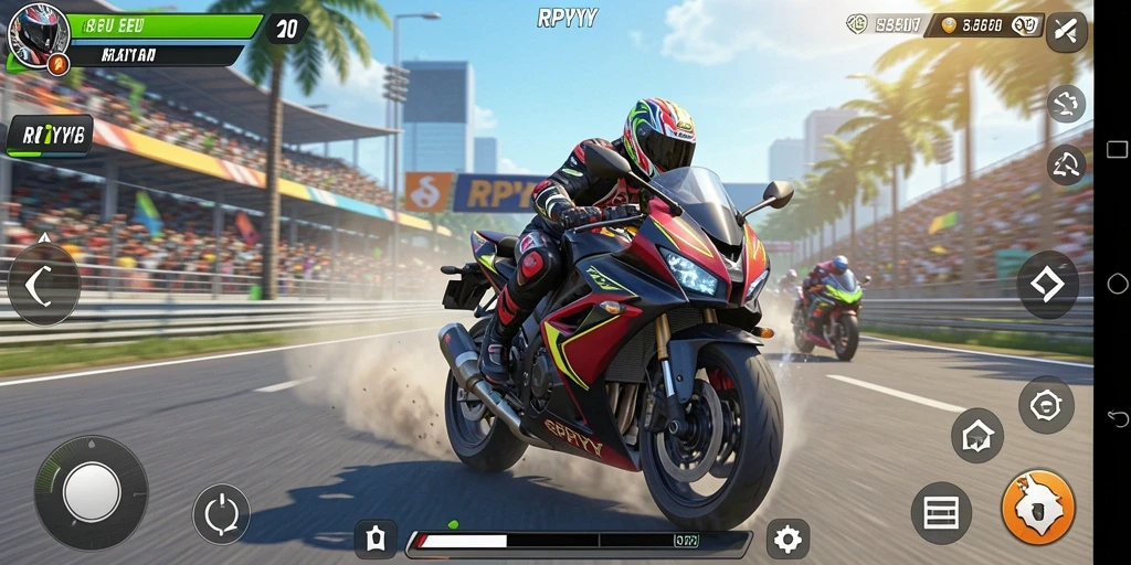 Tampilan gameplay RPYYY dengan balapan motor yang seru dan menegangkan.