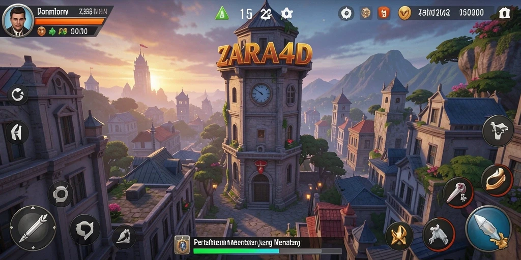 Tangkapan layar utama ZARA4D menunjukkan gameplay menara pertahanan yang intens.